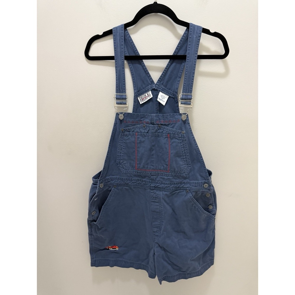 Vintage Billβ Bass Blue Denim Short Overalls Embroidered Car Women's Size Large